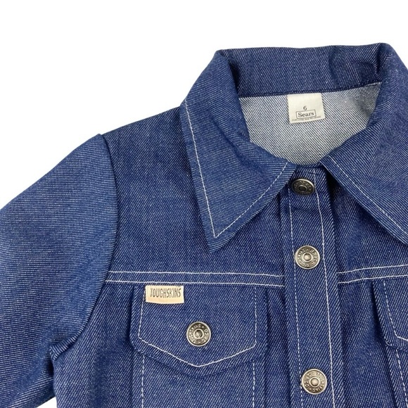 Vintage 70s Sears Toughskins Dark Denim Snap Work Shirt Embroidered Sz 6 Small - Picture 2 of 15